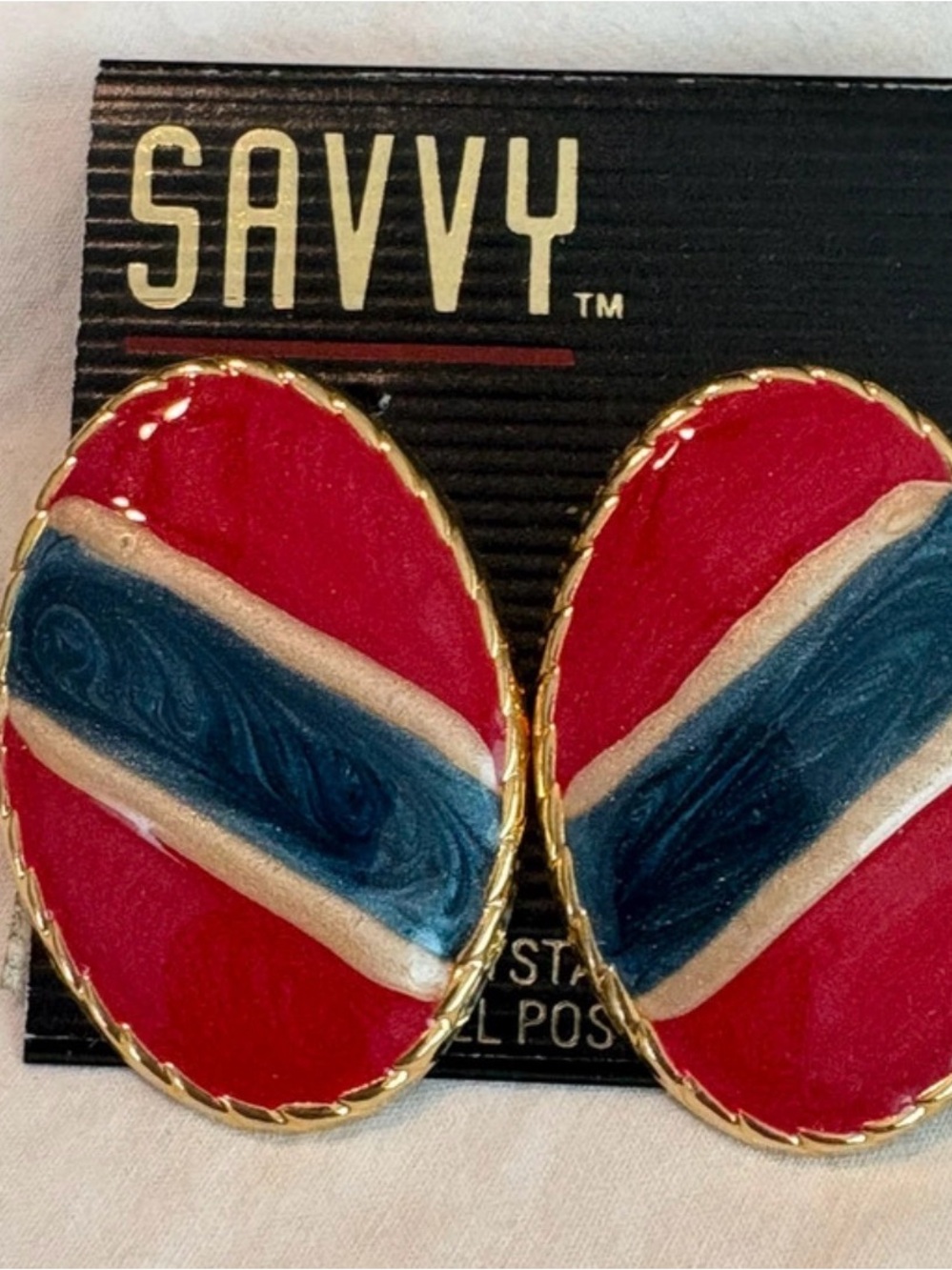 Savvy Red, Blue and Gold Oval Statement Earrings